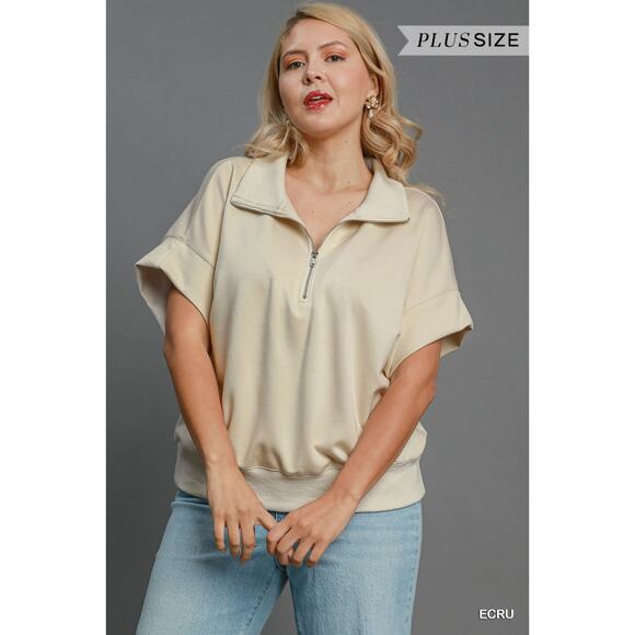 Umgee Half-Zip Short Sleeve Top - C4013 - Size Small - Picture 2 of 3